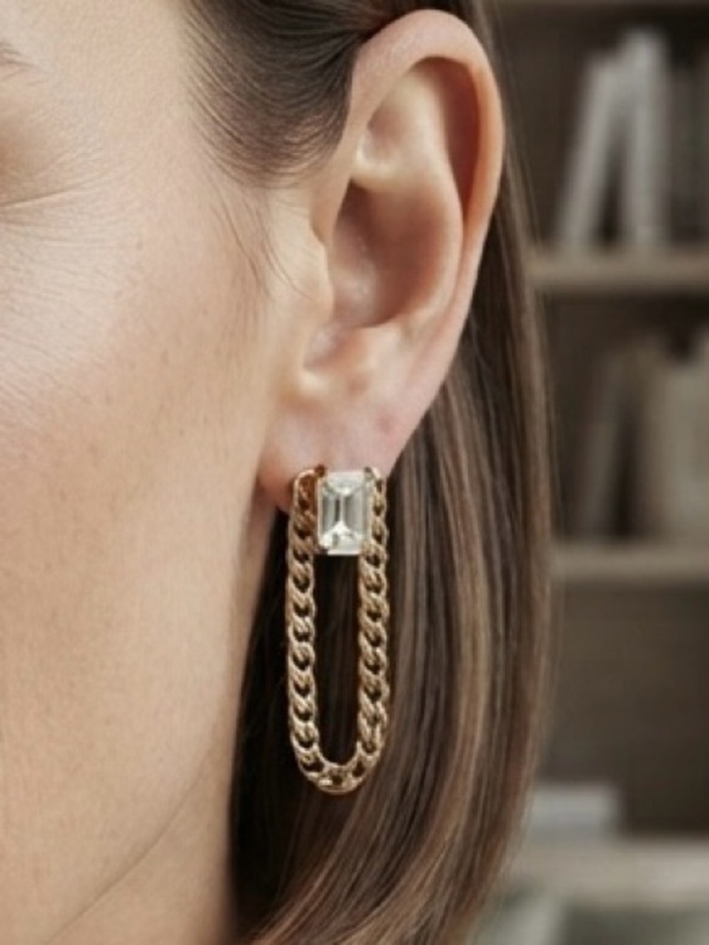 18K Gold Plated Titanium Emerald Cut Crystal Chain Drop Earrings